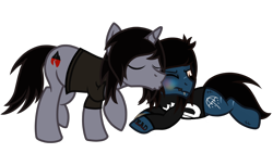 Size: 1920x1080 | Tagged: safe, artist:toyminator900, derpibooru import, pony, undead, unicorn, zombie, zombie pony, bring me the horizon, colored blushing, eyes closed, fangs, gay, horn, kellin quinn, kissing, lip piercing, male, oliver sykes, piercing, ponified, prone, shipping, simple background, sleeping with sirens, stallion, transparent background, wavy mouth