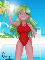 Size: 2121x2823 | Tagged: safe, artist:danielitamlp, derpibooru import, lemon zest, equestria girls, baywatch, breasts, busty lemon zest, clothes, eyes closed, female, grin, one-piece swimsuit, peace sign, red swimsuit, smiling, solo, stupid sexy lemon zest, swimsuit, underass, whistle, whistle necklace