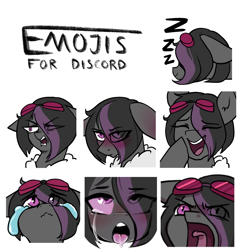 Size: 1666x1725 | Tagged: safe, artist:earthpone, derpibooru import, oc, oc only, oc:mimicry, changeling, pony, ahegao, angry, commission, crying, emoji, emotes, expressions, eye clipping through hair, eyes rolling back, female, mare, noblewoman's laugh, onomatopoeia, open mouth, purple changeling, simple background, solo, sound effects, tongue out, white background, zzz