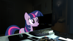 Size: 2560x1438 | Tagged: safe, artist:faze-alan-mskull2019, derpibooru import, twilight sparkle, pony, unicorn, computer, irl photo, night, ponies in real life, solo