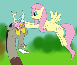 Size: 1684x1433 | Tagged: safe, artist:dzamie, derpibooru import, discord, fluttershy, draconequus, pegasus, pony, colored, cutie mark, digital art, discoshy, female, floral head wreath, flower, flying, male, mare, newbie artist training grounds, shipping, straight