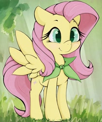 Size: 1720x2048 | Tagged: safe, artist:zokkili, derpibooru import, fluttershy, pegasus, pony, blushing, collar, cute, female, grass, mare, shyabetes, smiling, solo, spread wings, wings
