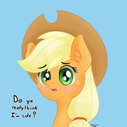 Size: 2000x2000 | Tagged: safe, artist:yelowcrom, derpibooru import, applejack, earth pony, pony, blushing, bust, cheek fluff, cute, ear fluff, female, hat, jackabetes, looking at you, mare, portrait, simple background, solo, talking to viewer, text