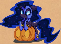 Size: 2048x1472 | Tagged: safe, artist:zokkili, derpibooru import, nightmare moon, pony, 0w0, halloween, helmet, holiday, horseshoes, jack-o-lantern, orange background, pumpkin, simple background, solo