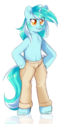 Size: 1245x2485 | Tagged: safe, artist:pledus, derpibooru import, lyra heartstrings, semi-anthro, unicorn, chest fluff, clothes, ear fluff, female, hoof on hip, mare, pants, simple background, smiling, solo, that pony sure does love humans, that pony sure does love pants, white background