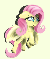 Size: 1200x1400 | Tagged: safe, artist:diamondgreenanimat0, derpibooru import, fluttershy, pegasus, pony, chest fluff, colors, female, floppy ears, flower, fluffy, green eyes, hoof fluff, looking away, mare, pretty, rose, simple background, smiling, solo, spread wings, tongue out, unshorn fetlocks, wing fluff, wings, yellow background