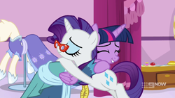 Size: 1280x720 | Tagged: safe, derpibooru import, screencap, rarity, twilight sparkle, twilight sparkle (alicorn), alicorn, pony, unicorn, a-dressing memories, spoiler:a-dressing memories, spoiler:mlp friendship is forever, 9now, clothes, coronation dress, dress, female, hug, mare, measuring tape, nine network, rarity's glasses, second coronation dress