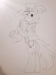 Size: 960x1280 | Tagged: safe, artist:laurelcrown, derpibooru import, oc, oc only, oc:laurel crown, earth pony, black and white, destination calabria, earth pony oc, grayscale, monochrome, musical instrument, one eye closed, saxophone, solo, standing, traditional art, wink