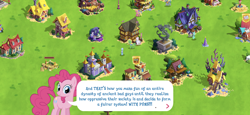 Size: 2436x1125 | Tagged: safe, derpibooru import, cornicle, cyclops-clops, lily, lily valley, mean twilight sparkle, pinkie pie, rivet, earth pony, pony, captain goodguy, game screencap, gameloft, pun