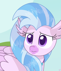 Size: 950x1104 | Tagged: safe, artist:rainbow eevee, derpibooru import, silverstream, classical hippogriff, hippogriff, cute, diastreamies, female, folded wings, frown, looking at something, purple eyes, scene interpretation, sky, solo, wings