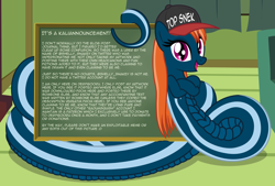 Size: 3336x2252 | Tagged: safe, artist:badumsquish, derpibooru exclusive, derpibooru import, oc, oc only, oc:kalianne, lamia, original species, snake, announcement, baseball cap, cap, chalkboard, coils, crossed hooves, curtains, fangs, female, fireplace, hat, house, looking at you, open mouth, parody, play on words, prehensile tail, smiling, snek, sofa, solo, tail hold, text, top gun hat, window