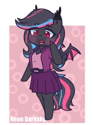 Size: 1174x1583 | Tagged: safe, artist:puetsua, derpibooru import, oc, oc only, oc:neon darksky, anthro, bat pony, unguligrade anthro, bat pony oc, bat wings, blushing, chibi, clothes, cute, cute little fangs, fangs, female, jacket, lidded eyes, looking down, mare, open mouth, skirt, smiling, solo, wings