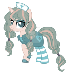 Size: 1280x1394 | Tagged: safe, artist:magicdarkart, derpibooru import, oc, pony, unicorn, clothes, deviantart watermark, female, hat, mare, nurse hat, nurse outfit, obtrusive watermark, simple background, socks, solo, striped socks, transparent background, watermark