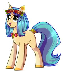 Size: 999x1129 | Tagged: safe, artist:cloud-fly, derpibooru import, oc, oc only, oc:akila, pony, unicorn, female, floral head wreath, flower, looking to side, looking to the left, mare, open mouth, open smile, outline, simple background, smiling, solo, tail wrap, transparent background, white outline