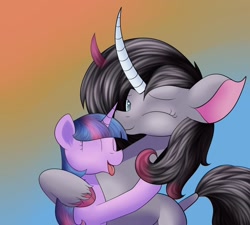 Size: 1280x1152 | Tagged: safe, artist:huffy26, derpibooru import, oleander, twilight sparkle, classical unicorn, pony, unicorn, them's fightin' herds, atg 2020, cloven hooves, eyes closed, hug, leonine tail, newbie artist training grounds, one eye closed, open mouth, smiling, square crossover, tongue out, unshorn fetlocks