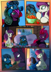 Size: 2481x3508 | Tagged: safe, artist:dsana, derpibooru import, fizzlepop berrytwist, tempest shadow, oc, oc:lullaby dusk, oc:thistledown, earth pony, pegasus, pony, unicorn, comic:a storm's lullaby, awww, book, broken horn, card game, cloak, clothes, comic, cute, female, filly, food, horn, knife, mare, one eye covered, scar, snow, snowfall, strawberry, wholesome