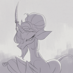 Size: 2048x2048 | Tagged: safe, artist:lindsay towns, derpibooru import, oleander, unicorn, them's fightin' herds, alternate hairstyle, community related, horn, horn jewelry, jewelry, monochrome