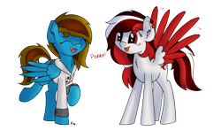 Size: 1600x1000 | Tagged: safe, artist:ponynamedmixtape, derpibooru import, oc, oc only, oc:memeancholy, oc:peppermint, pegasus, clothes, duo, female, jacket, onomatopoeia, raspberry, raspberry noise, silly, simple background, tongue out, transparent background