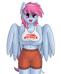 Size: 1000x1200 | Tagged: safe, artist:ponynamedmixtape, derpibooru import, oc, oc only, oc:evening skies, anthro, pegasus, breasts, clothes, female, short shirt, shorts, simple background, solo, tomboy, tomboy outback, transparent background