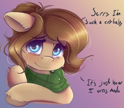 Size: 680x594 | Tagged: safe, artist:ardail, derpibooru import, oc, oc only, oc:mocha latte, pony, bust, clothes, crying, dialogue, ear fluff, female, looking at you, mare, sad smile, scarf, solo, tears of joy, teary eyes, unshorn fetlocks