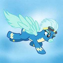 Size: 750x750 | Tagged: safe, artist:atomisk, derpibooru import, oc, oc:windy breeze, pegasus, pony, clothes, flying, goggles, photo, solo, uniform, wonderbolts, wonderbolts uniform