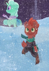 Size: 2300x3300 | Tagged: safe, artist:cottonbudfilly, derpibooru import, idw, glitter drops, tempest shadow, pony, unicorn, castle, clothes, duo, scarf, snow, uniform