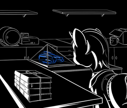 Size: 700x600 | Tagged: safe, artist:sirvalter, derpibooru import, oc, oc only, oc:scripted switch, pony, unicorn, fanfic:steyblridge chronicle, black and white, book, clothes, fanfic, fanfic art, grayscale, horn, illustration, laboratory, male, monochrome, mug, neo noir, partial color, research institute, scientist, solo, stallion