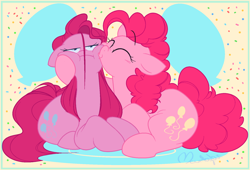 Size: 1280x870 | Tagged: safe, artist:hyperfixatins, artist:pillsburries, derpibooru import, pinkie pie, earth pony, pony, :t, cute, diapinkes, floppy ears, kiss on the cheek, kissing, not shipping, pinkamena diane pie, prone, self paradox, self ponidox, squishy cheeks