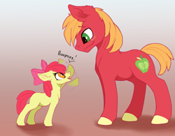 Size: 1725x1346 | Tagged: safe, artist:wbp, derpibooru exclusive, derpibooru import, apple bloom, big macintosh, earth pony, pony, adorabloom, boop, brother and sister, colored hooves, cute, dialogue, duo, ear fluff, female, filly, floppy ears, freckles, gradient background, macabetes, male, shadow, siblings, simple background, stallion, waving