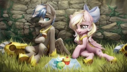 Size: 1280x720 | Tagged: safe, artist:inowiseei, derpibooru import, oc, oc only, oc:bay breeze, oc:cloud zapper, pegasus, pony, armor, bow, cupcake, female, food, hair bow, male, mare, pegasus oc, picnic blanket, stallion, wings