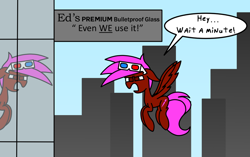 Size: 1000x627 | Tagged: safe, artist:rainbowbacon, derpibooru import, oc, oc:rainbowbacon, pegasus, pony, building, city, newbie artist training grounds, sign, solo