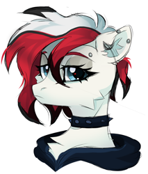 Size: 1884x2214 | Tagged: safe, artist:sonnezamayxx, derpibooru import, oc, oc only, earth pony, pony, adoptable, bridge piercing, bust, choker, clothes, ear piercing, earring, female, frown, hood, jewelry, lidded eyes, mare, piercing, simple background, solo, spiked choker, unnamed oc, white background