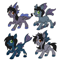 Size: 750x750 | Tagged: safe, artist:jitterbugjive, derpibooru import, oc, oc only, hybrid, pony, undead, zombie, zombie pony, bone, cloven hooves, colored hooves, colt, female, filly, fins, foal, hair over one eye, half-siren, happy, horn, magical gay spawn, male, offspring, open mouth, scales, scar, simple background, stitches, torn ear, white background