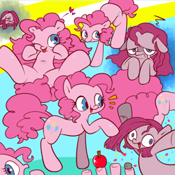 Size: 900x900 | Tagged: safe, artist:anko, artist:ogw0829, derpibooru import, pinkie pie, earth pony, pony, :p, apple, confetti, crying, cute, diapinkes, duality, female, floating heart, floppy ears, food, happy, heart, mare, one eye closed, pinkamena diane pie, rock, sad, solo, tongue out, wink