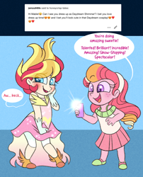 Size: 1000x1240 | Tagged: safe, artist:honeycrisp-tales, derpibooru import, oc, oc:honeycrisp blossom, oc:ma belle danseuse, equestria girls, cellphone, clothes, cosplay, costume, dress, dressup, duo, honeycrisp tales, offspring, parent:big macintosh, parent:moondancer, parent:prince blueblood, parent:princess cadance, parents:cadmac, parents:moonblood, phone, smartphone, starry eyes, wingding eyes