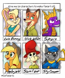 Size: 869x1036 | Tagged: safe, artist:blakethefox, derpibooru import, applejack, anthro, dragon, earth pony, pony, rabbit, raccoon, :p, animal, anthro with ponies, bedroom eyes, bust, clothes, crossover, female, freckles, green eggs and ham, hat, lola bunny, male, mare, necktie, nick wilde, open mouth, six fanarts, sly cooper, smiling, spyro the dragon, tongue out, top hat, zootopia