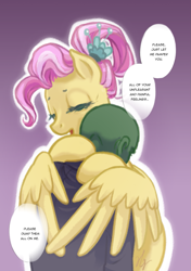 Size: 1045x1482 | Tagged: safe, artist:saby, derpibooru import, fluttershy, oc, oc:anon, human, pegasus, pony, /mlp/, 4chan, clothes, colored lines, comforting, cute, dialogue, drawthread, eyes closed, feels, female, finished version, full color, gradient background, hug, male, mare, older, older fluttershy, ponified, ponified scene, shirt, shyabetes, simple background, speech bubble, white outline, wholesome, winghug
