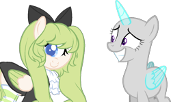 Size: 1097x654 | Tagged: safe, artist:skulifuck, derpibooru import, oc, oc only, alicorn, cyclops, pegasus, pony, alicorn oc, bald, base used, bow, clothes, dress, duo, eyelashes, female, grin, hair bow, horn, mare, missing eye, pegasus oc, simple background, smiling, transparent background, wings