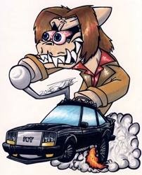 Size: 1024x1266 | Tagged: safe, artist:sketchywolf-13, derpibooru import, oc, oc only, earth pony, pony, amc, amc spirit, bloodshot eyes, car, eye popping, fire, male, rat fink, sharp teeth, simple background, smoke, solo, stallion, teeth, traditional art, white background