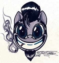 Size: 1024x1095 | Tagged: safe, artist:sketchywolf-13, derpibooru import, oc, oc only, earth pony, pony, cigarette, facial hair, goatee, male, simple background, smile hd, smiley face, smiling, smiling at you, smoke, solo, stallion, traditional art, white background