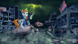 Size: 3840x2160 | Tagged: safe, artist:owlpirate, derpibooru import, oc, oc only, oc:littlepip, pony, unicorn, fallout equestria, 3d, badass, clothes, cloud, cloudy, determined, fanfic, fanfic art, female, glowing horn, gun, handgun, hooves, horn, levitation, little macintosh, looking at something, looking at you, magic, magic aura, mare, optical sight, pipbuck, raised hoof, revolver, ruins, scope, smiling, solo, source filmmaker, telekinesis, vault suit, wasteland, weapon