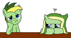 Size: 964x519 | Tagged: safe, artist:didgereethebrony, derpibooru import, oc, oc only, oc:boomerang beauty, oc:didgeree, pegasus, pony, base used, blue eyes, bored, brother and sister, female, glare, grumpy, male, siblings, simple background, table, trace, transparent background