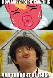 Size: 500x735 | Tagged: safe, derpibooru import, edit, edited screencap, screencap, big macintosh, earth pony, human, pony, hard to say anything, akagi nobuo, akibaranger, caption, comparison, hikounin sentai akibaranger, image macro, kissy face, super sentai, text