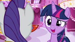 Size: 711x400 | Tagged: safe, derpibooru import, screencap, rarity, twilight sparkle, twilight sparkle (alicorn), alicorn, pony, unicorn, a-dressing memories, spoiler:a-dressing memories, spoiler:mlp friendship is forever, glasses, rarity's glasses