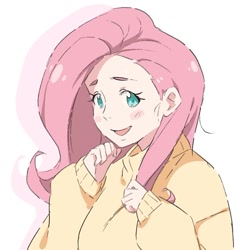 Size: 1077x1077 | Tagged: safe, artist:tomoe-chi, derpibooru import, fluttershy, human, bust, clothes, cute, female, humanized, looking at you, open mouth, redraw, shyabetes, simple background, solo, sweater, sweatershy, white background