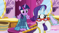 Size: 711x400 | Tagged: safe, derpibooru import, screencap, rarity, twilight sparkle, twilight sparkle (alicorn), alicorn, pony, unicorn, a-dressing memories, spoiler:a-dressing memories, spoiler:mlp friendship is forever, clothes, crying, dress, female, glasses, glowing horn, handkerchief, horn, magic, mare, measuring tape, mirror, rarity's glasses, teary eyes, telekinesis