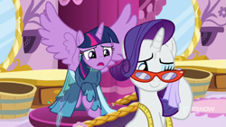 Size: 711x400 | Tagged: safe, derpibooru import, screencap, rarity, twilight sparkle, twilight sparkle (alicorn), alicorn, pony, unicorn, a-dressing memories, spoiler:a-dressing memories, spoiler:mlp friendship is forever, 9now, clothes, crying, dress, glasses, measuring tape, rarity's glasses, spread wings, tears of joy, teary eyes, wings