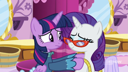 Size: 711x400 | Tagged: safe, derpibooru import, screencap, rarity, twilight sparkle, twilight sparkle (alicorn), alicorn, pony, unicorn, a-dressing memories, spoiler:a-dressing memories, spoiler:mlp friendship is forever, clothes, dress, glasses, measuring tape, rarity's glasses