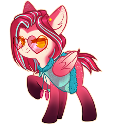 Size: 1569x1569 | Tagged: safe, artist:chilliwine, derpibooru import, oc, oc only, pegasus, pony, clothes, colored hooves, ear piercing, earring, female, glasses, heart shaped glasses, jewelry, mare, multicolored hair, multicolored mane, multicolored tail, piercing, raised hoof, see-through, simple background, smiling, solo, transparent background, unnamed oc, wings