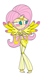 Size: 577x1016 | Tagged: safe, artist:annasabi101, derpibooru import, fluttershy, human, armlet, barefoot, belly button, belly dancer, belly dancer outfit, blushing, bracelet, eyelashes, feet, fluttershy being fluttershy, genie, geniefied, harem outfit, humanized, jewelry, midriff, tiara, wings, wings stretched
